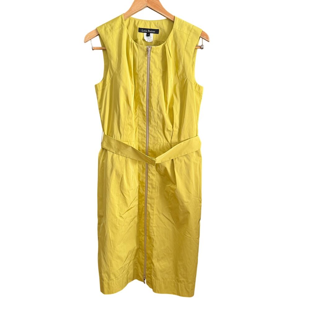LIDA BADAY | Chartreuse Green Yellow Nylon Zip Up Belted Sheath Dress | 10
